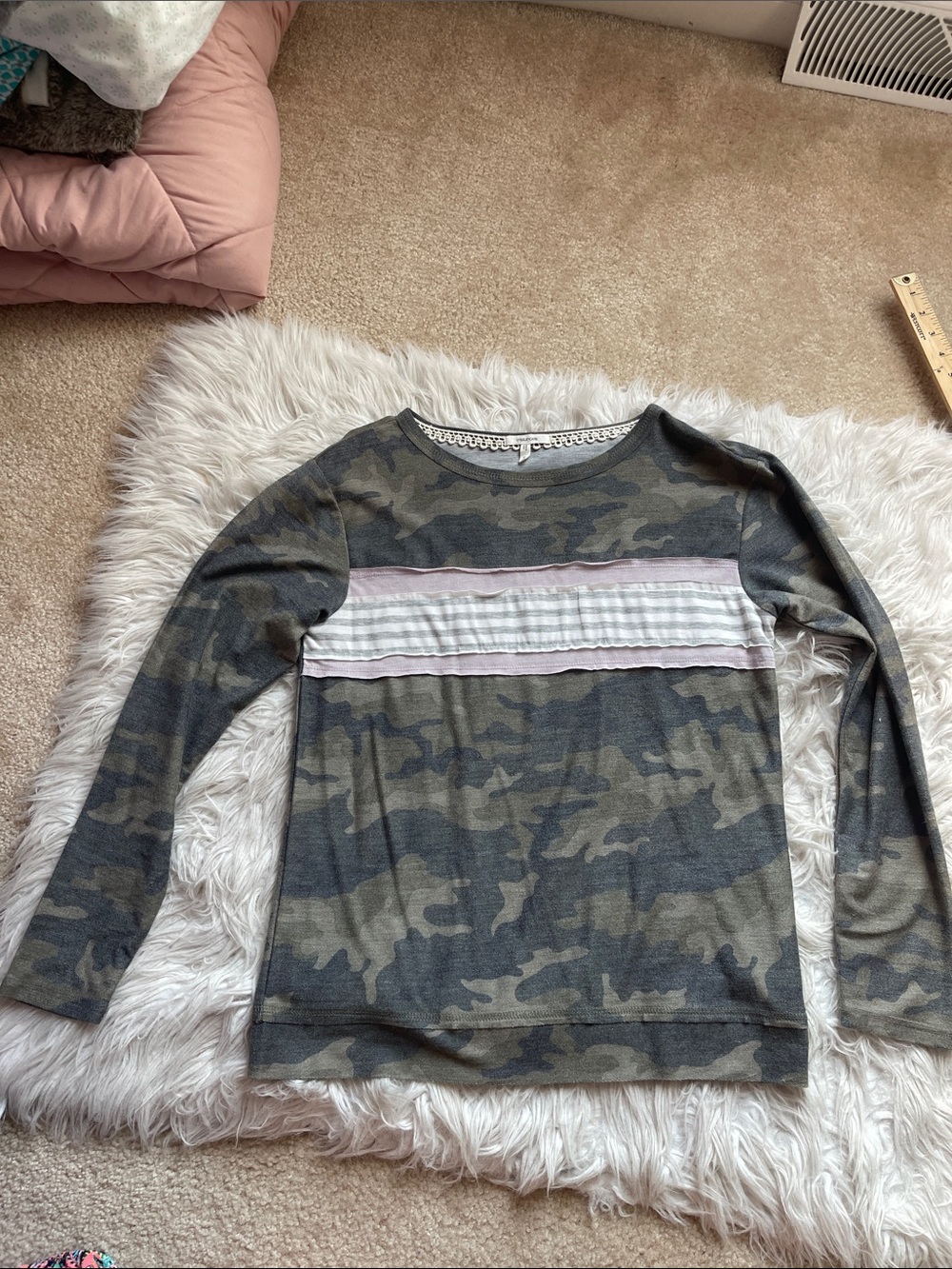 Maurices Olive Green Camo Long Sleeve Top with Pink Stripe
